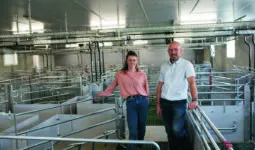 Un éleveur de porc et sa salariée dans une salle de maternité flambant neuve.
