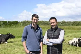 2 personnes dans une prairie avec des vaches