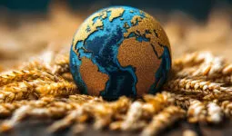 Carte mondiale sur un globe posée sur des épis de blés.