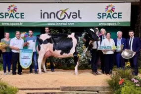 Des éleveurs et des responsables sur le podium du Space 2024 autour de la vache qui a remporté le concours de a raceHolstein