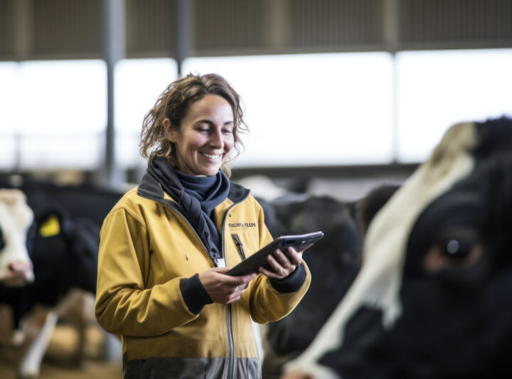portrait d'une femme à côté de vaches laitières