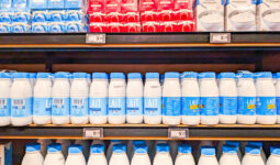 lait sur étagères de supermarché