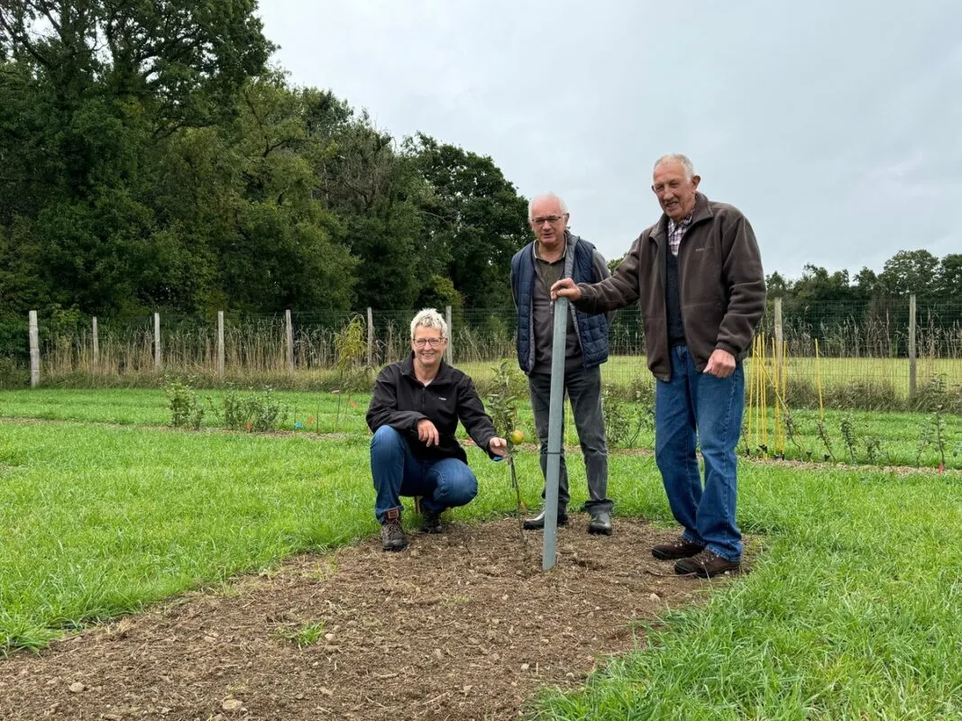 Une femme et deux hommes posent près dun' jeune plant de pommier dans un verger pédagogique.