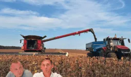 Montage de 2 hommes sur un fond d'activité d'ensilage dans un champ