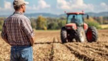 agriculteur dans un champ regardant un tracteur arriver
