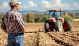 agriculteur dans un champ regardant un tracteur arriver