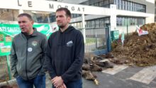 Les syndicalistes devant des sangliers morts et des cannes de maïs