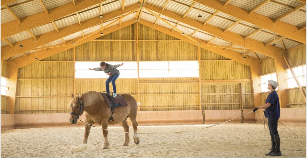 Un professeur et une élève en cours de voltige équestre dans un manège