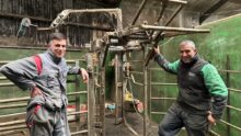 Deux éleveurs autour d'une cage de parage