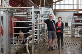 Dans une étable lumineuse, un éleveur et une éleveuse près d'une vache en train de se faire traire par un robot de traite