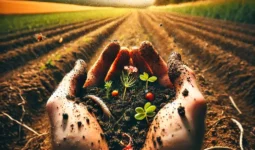 Une photographie de mains d'un agriculteur plongées dans un sol agricole riche en biodiversité