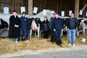 Les éleveurs devant des vaches en exposition sur la ferme
