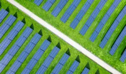 Photo aérienne d'un champ recouvert de panneaux photovoltaïque