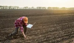 un homme baissé dans un champ labouré avec un ordinateur à la main
