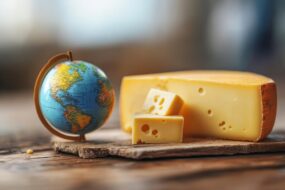 Meule de fromage et globe terrestre pointé sur les USA.