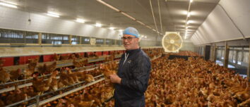 Samuel Tallec dans son poulailler au milieu des poules