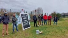 Les manifestants avec des pancartes et des drapeaux