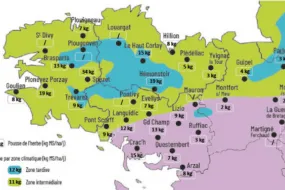carte de la pousse de l'herbe en Bretagne du 25 février au 3 mars 2025