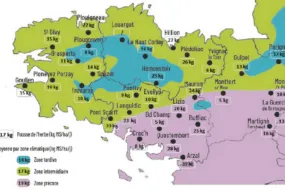 carte de la pousse de l'herbe en Bretagne du 11 au 17 mars 2025