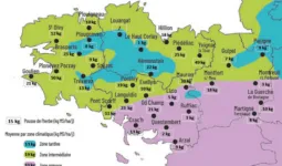 Carte de la pousse de l'herbe en Bretagne du 17 au 24 mars 2025