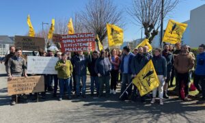 Un groupe de personnes avec des drapeaux jaunes du syndicat Confédération Paysanne