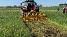 Un tracteur rouge et un outil jaune en train de détruire un couvert végétal dans un champ.