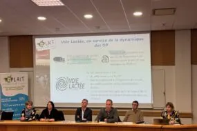 Trois femmes et trois hommes à la tribune d'un réunion