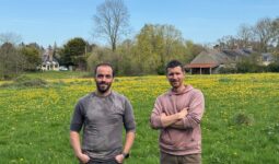 Deux hommes devant une prairie contenant des fleurs jaunes
