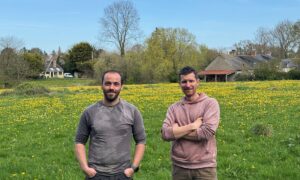 Deux hommes devant une prairie contenant des fleurs jaunes