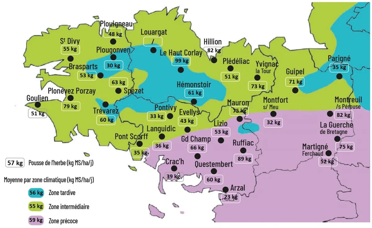 Carte de la pousse de l'herbe en Bretagne du 15 au 22 avril 2025 - Illustration Observatoire des fourrages Bretagne : 57 kg MS/ha/jour