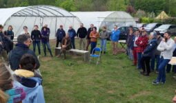 Le groupe avec des serres sur la parcelle