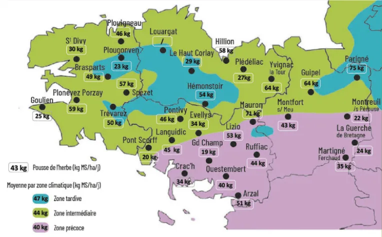 Carte de la pousse de l'herbe en Bretagne du 1er au 7 avril 2025 - Illustration Observatoire des fourrages Bretagne : 43 kg MS/ha/jour