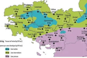 Carte de la pousse de l'herbe en Bretagne du 25 au 31 mars 2025