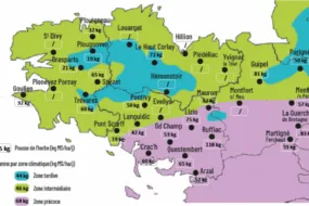 carte de la pousse de l'herbe en Bretagne du 23 au 28 avril 2025