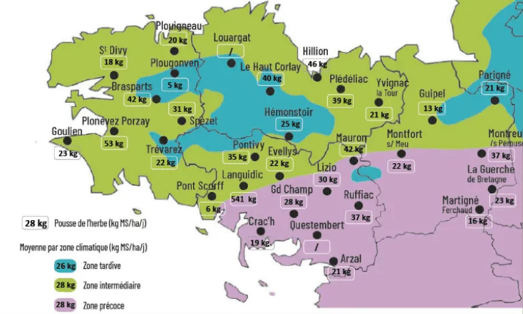 Carte de la pousse de l'herbe en Bretagne du 25 au 31 mars 2025 - Illustration Observatoire des fourrages Bretagne : 28 kg MS/ha/jour