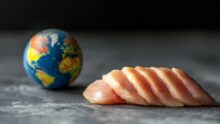 mocreaux de viande de voalille découpées et globe terrestre