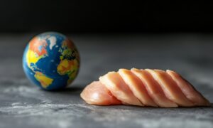 mocreaux de viande de voalille découpées et globe terrestre