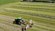 Vue aérienne d'un tracteur au champ avec un andaineur à tapis
