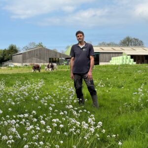 Un éleveur dans une prairie devant un décor avec des génisses de race Normande et des bâtiments