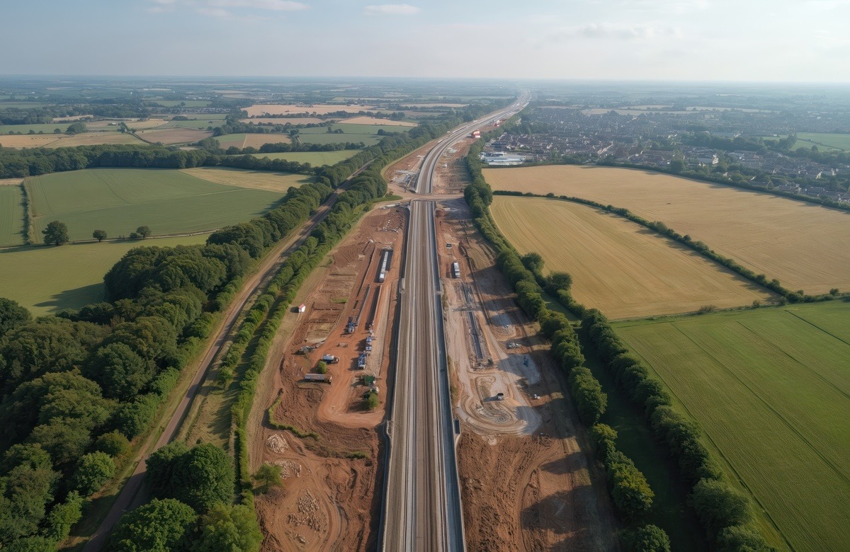 Vue aérienne d'une construction de route - Illustration Foncier : La consommation d’espaces au plus bas