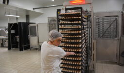 une femme qui tire un rack d'oeufs dans un couvoir