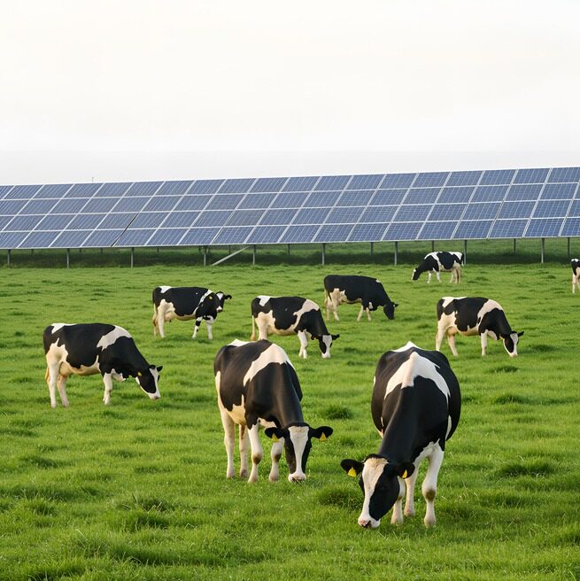 Des vaches dans un champ avec des panneaux photovoltaïques en fond - Illustration L’examen de la loi repoussé à la rentrée