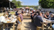 Des rangées de tables avec des personnes assises lors d'une fête de village