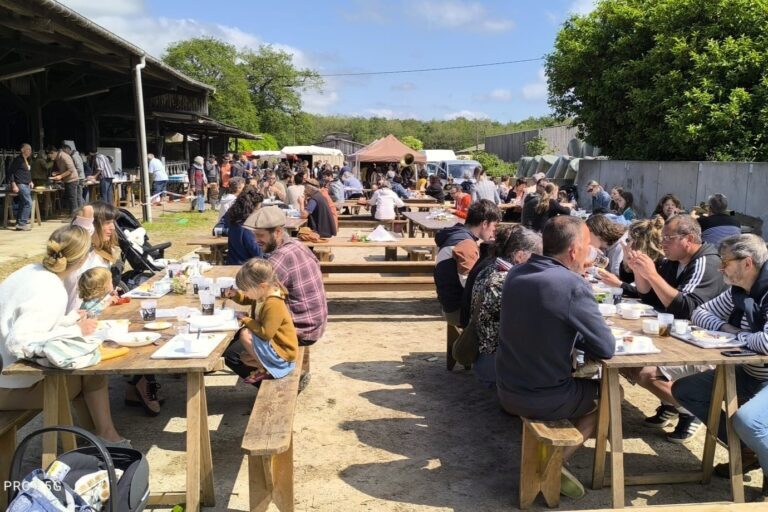 Des rangées de tables avec des personnes assises lors d'une fête de village - Illustration Fête du Lait Bio