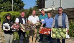 Une femme et cinq hommes présentant des cageots de légumes.