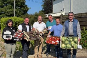 Une femme et cinq hommes présentant des cageots de légumes.