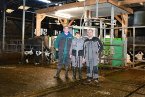Des agriculteurs dans un bâtiment avec une vache qui entre dans un robot de traite