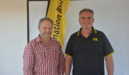 Patrik Sastre-Coader et Sébastien Abgrall devant un drapeau de la Coordination rurale