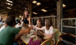 Un groupe de personnes en train de petit déjeuner dans une stabulation pour vaches laitières