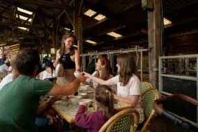 Un groupe de personnes en train de petit déjeuner dans une stabulation pour vaches laitières